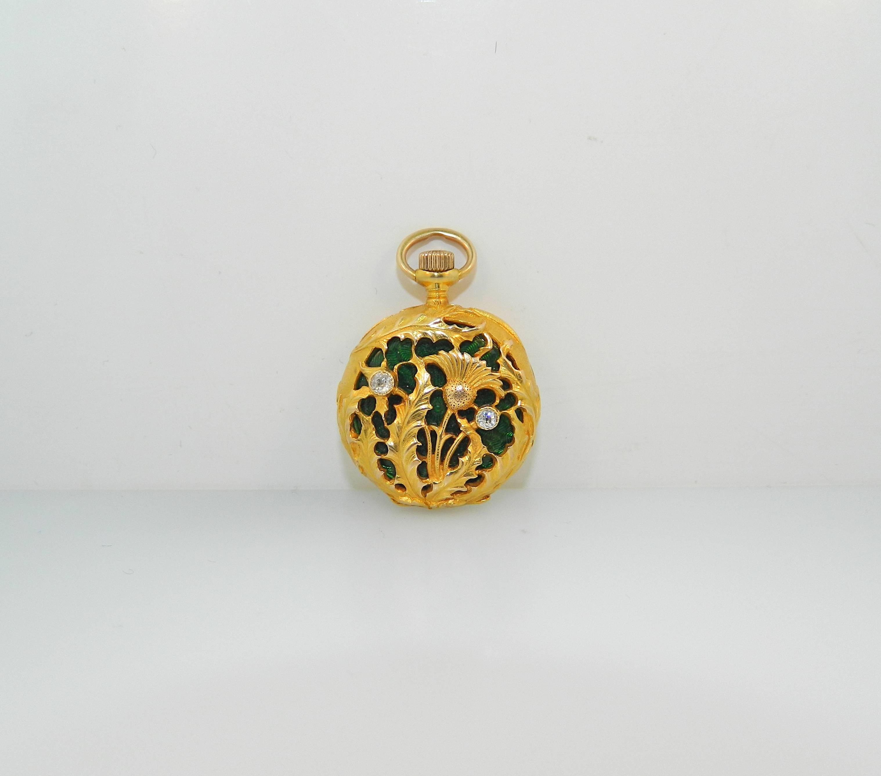 Tiffany & Co. Lady's Yellow Gold Diamond Enamel Art Nouveau Pendant Watch 1