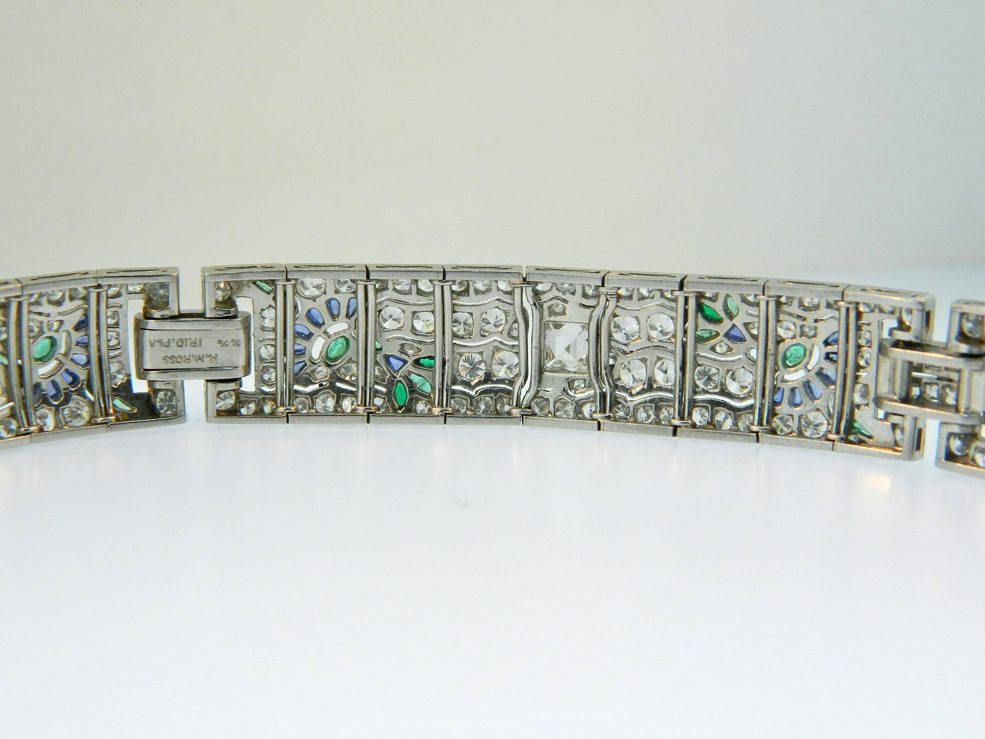 1920s Art Deco  Sapphire Emerald Diamond Platinum Bracelet For Sale 1
