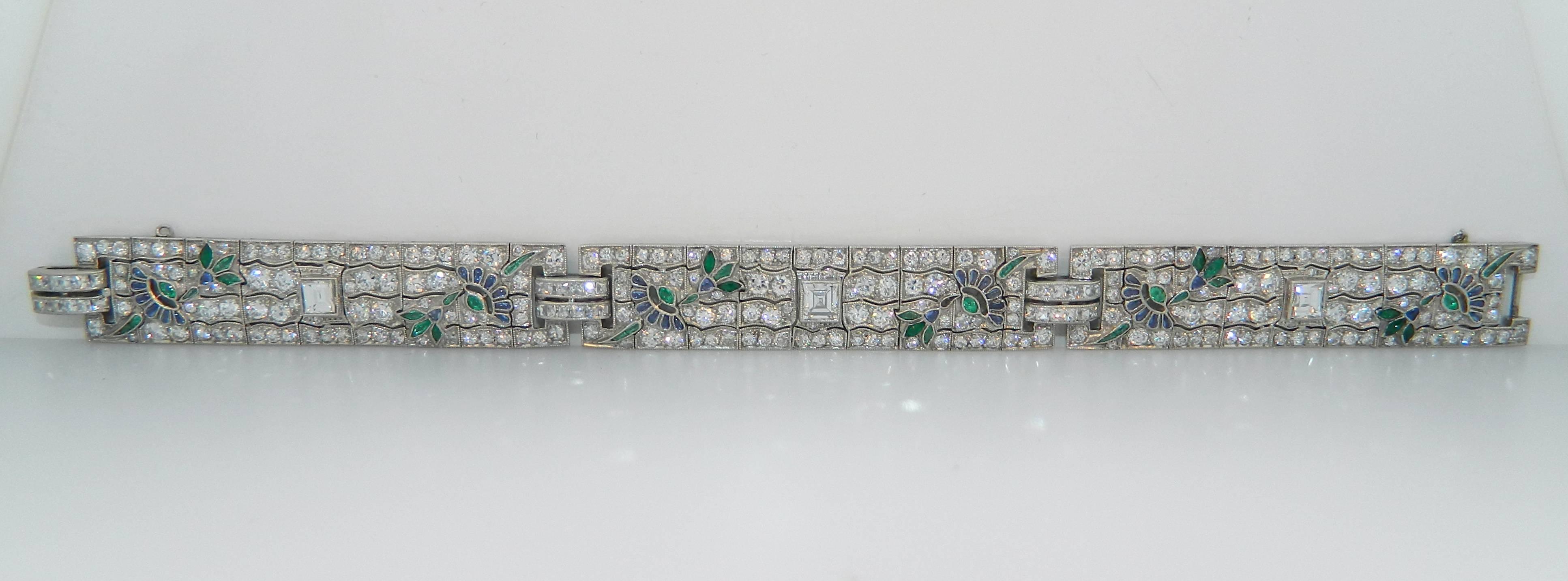 1920s Art Deco  Sapphire Emerald Diamond Platinum Bracelet For Sale 2