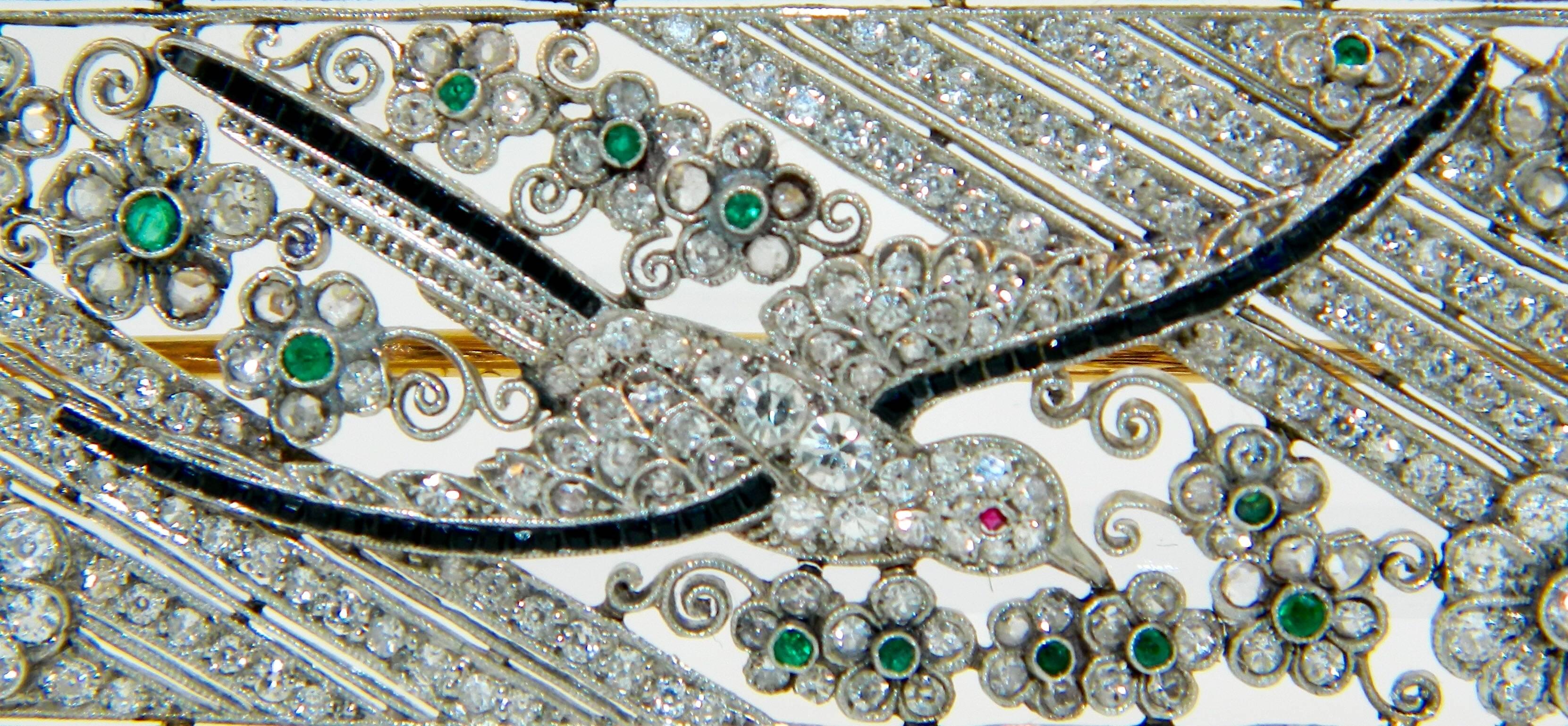 A Spectacular Edwardian/Early Art Deco Period  Platinum, Diamond and Multi-Gem Bird In Flight Brooch by Hartz & Co France.  An exquisite Example Of Early 20th Century French Craftsmanship.  French Marks, Maker's Mark For Hartz et Cie and