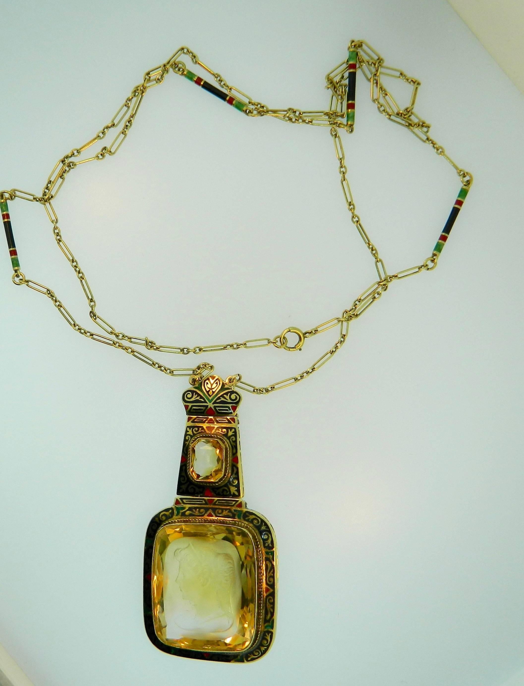 Victorian Enamel Carved Citrine Gold Necklace  In Excellent Condition In Chicago, IL
