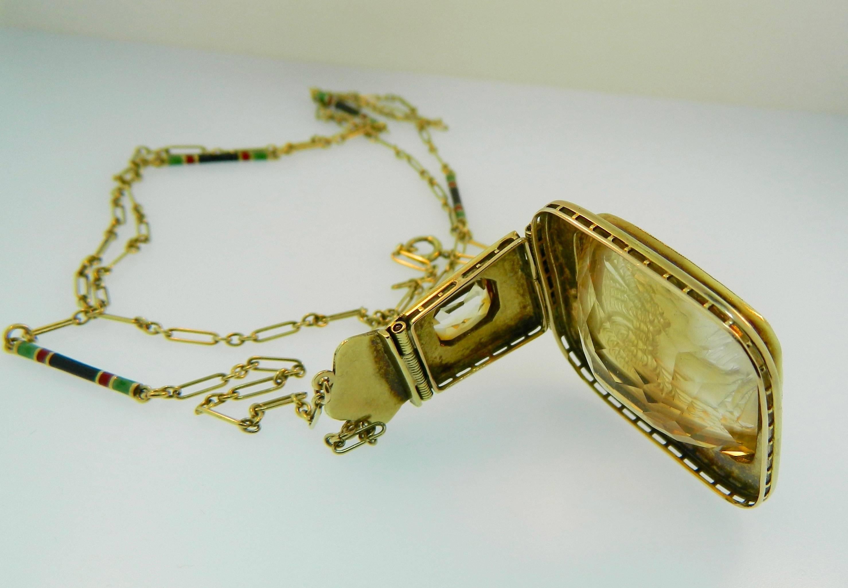 Women's Victorian Enamel Carved Citrine Gold Necklace 