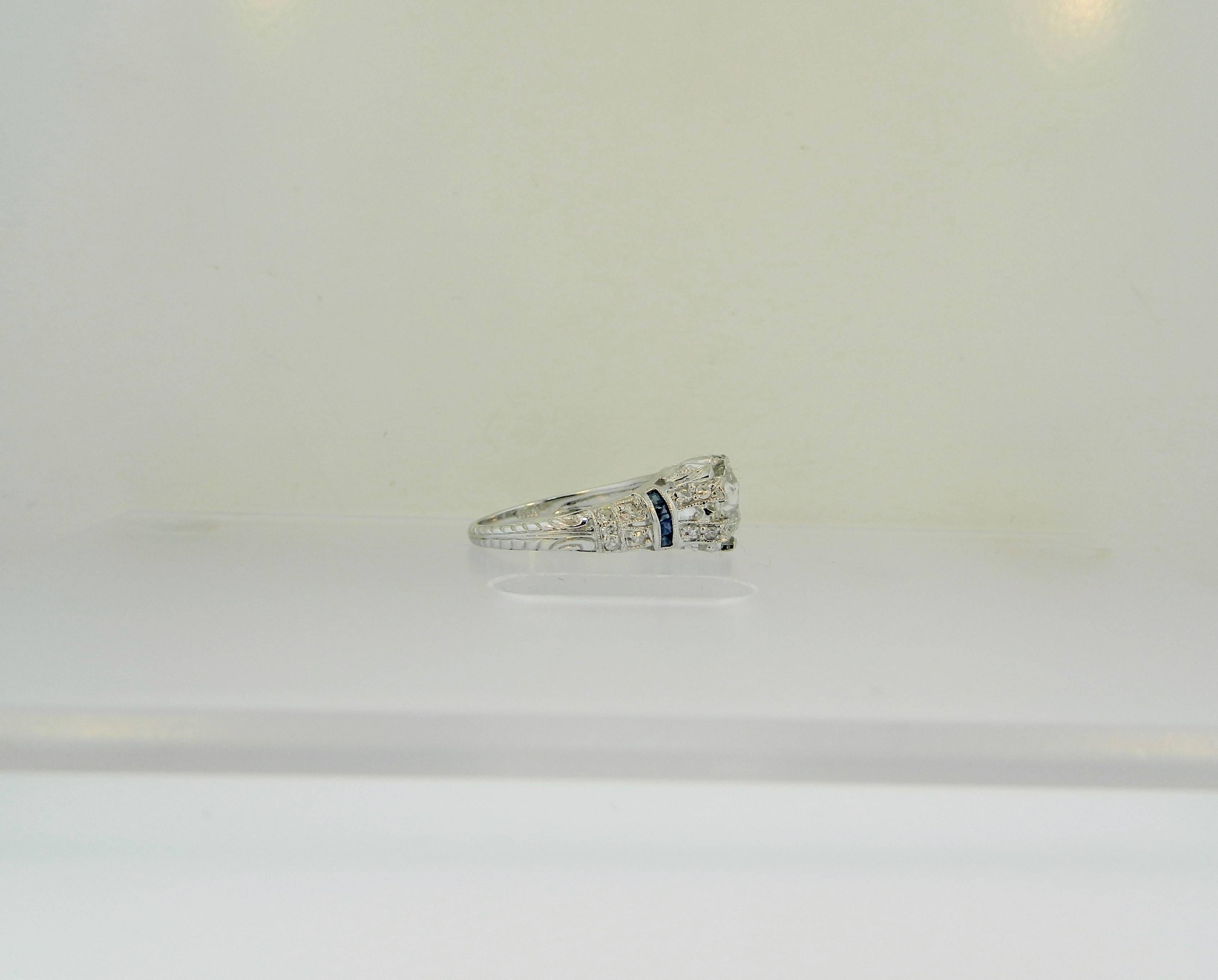 Art Deco 1.38ct Old Mine Cut Diamond Sapphire Platinum Engagement Ring