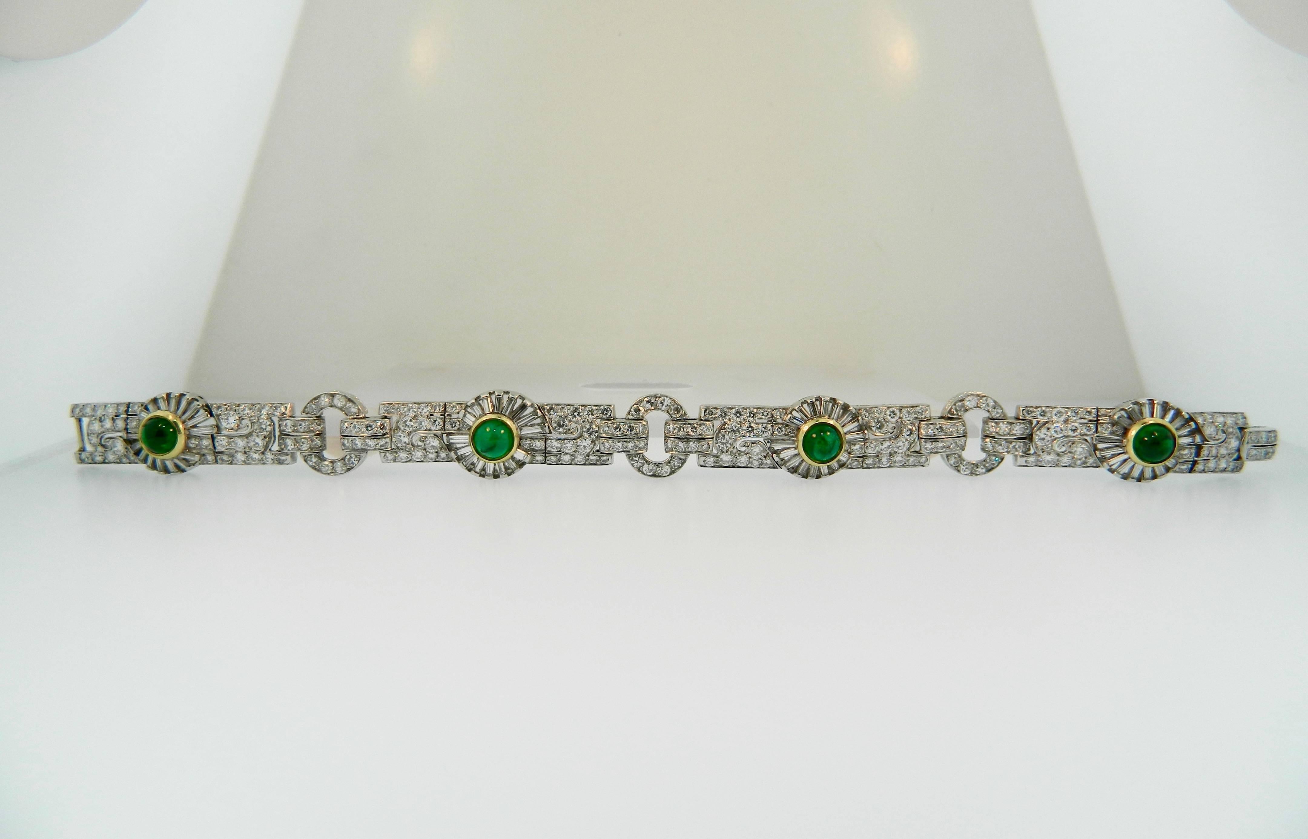 A gorgeous late 1920s/early 1930s Art Deco Platinum, Diamond and Emerald Bracelet.