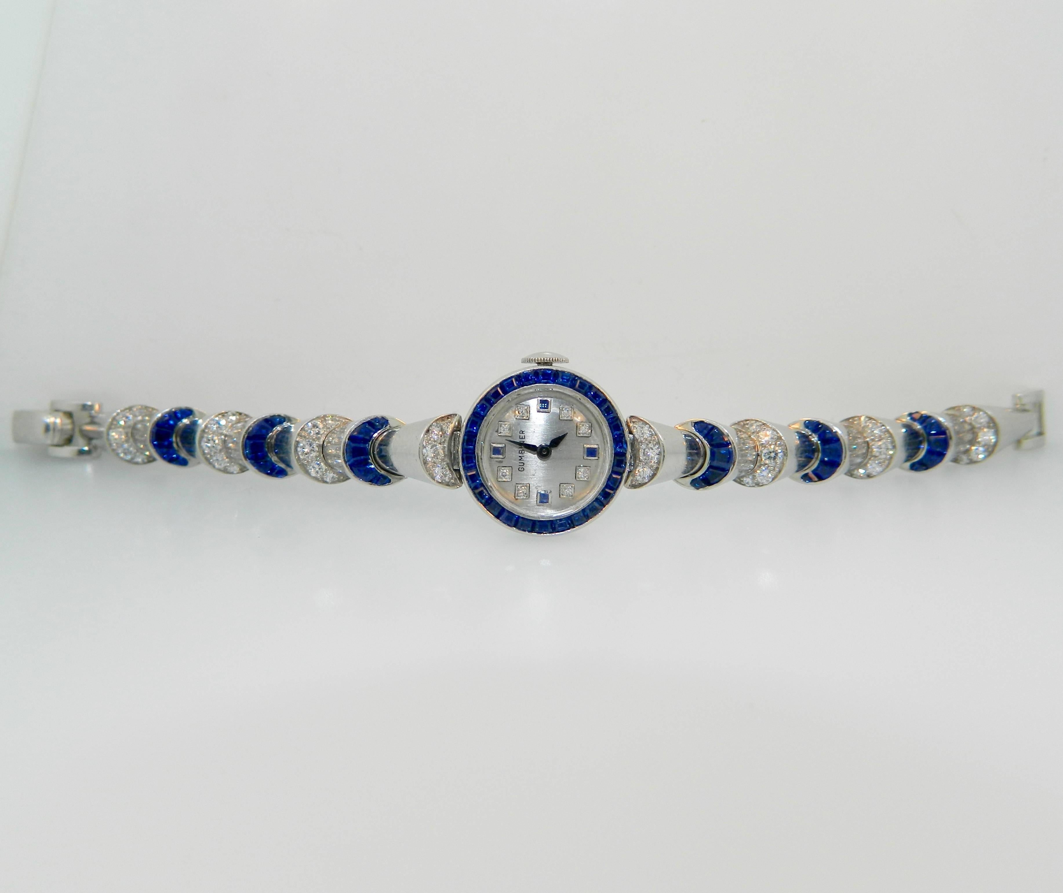 A Stunning 1940s/1950s platinum, diamond and sapphire ladies wristwatch by Oscar Heyman.  