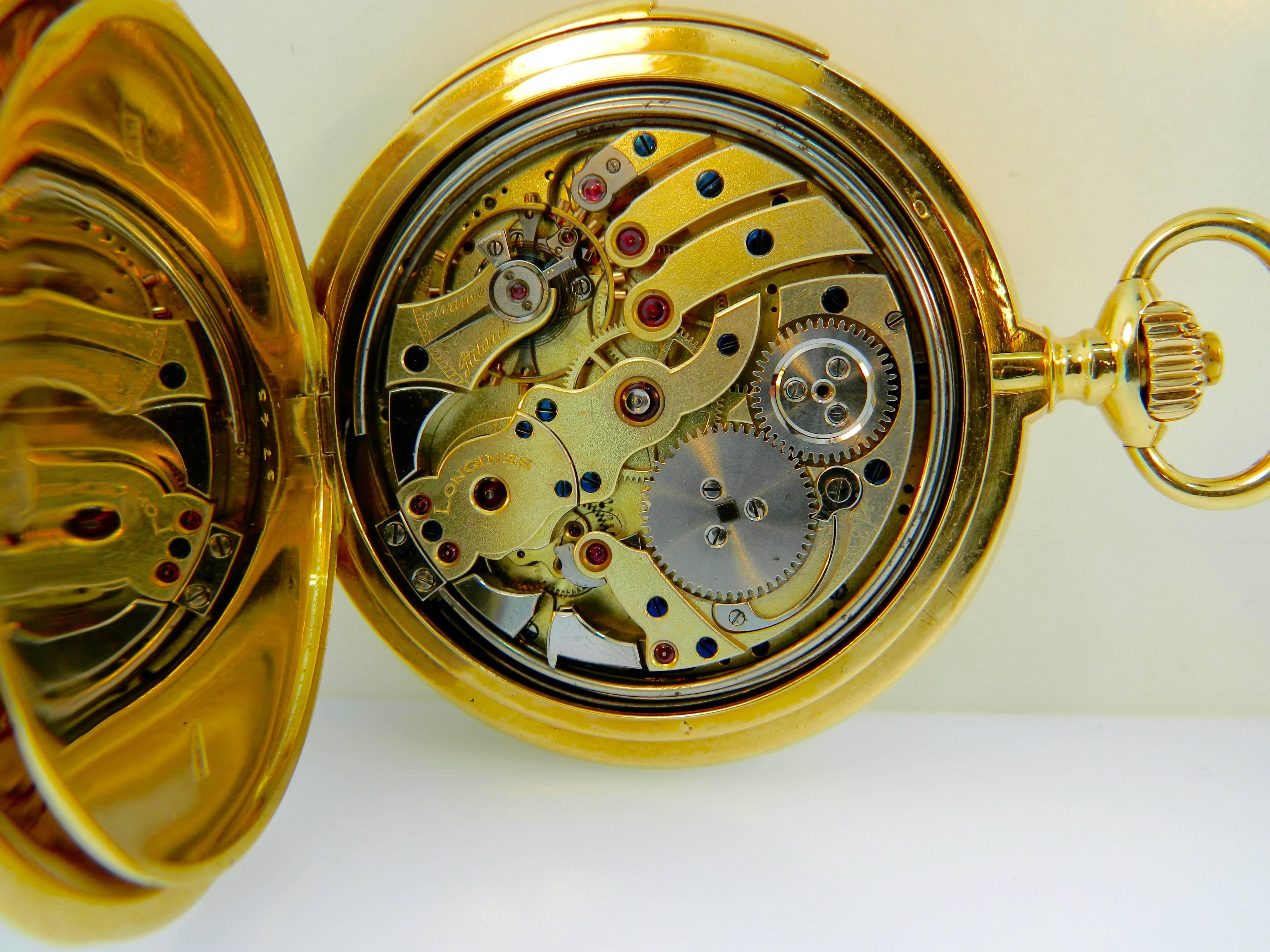 Longines Yellow Gold Westminster Chime Carillon Minute Repeating Pocket Watch In Excellent Condition In Chicago, IL