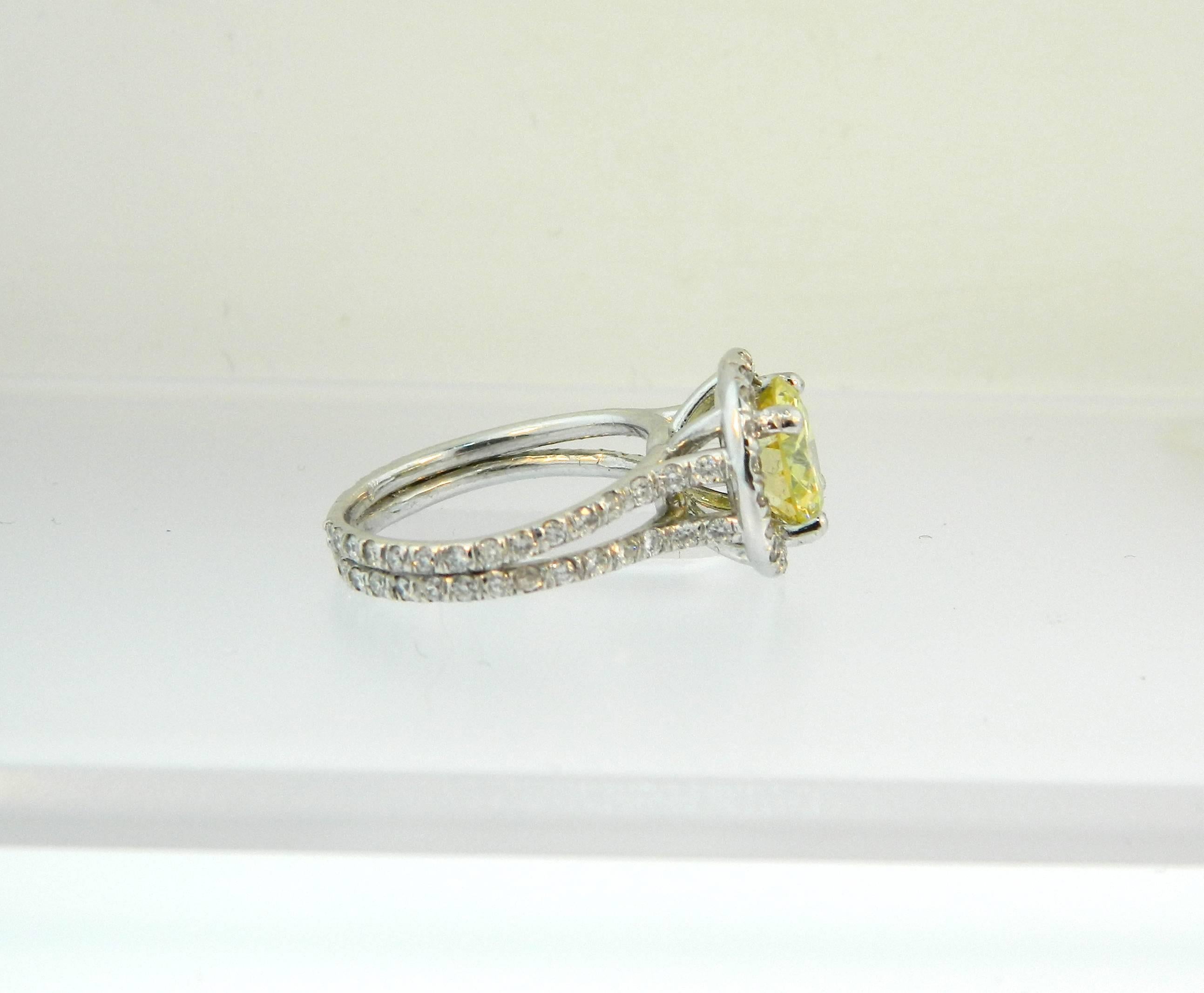 Modern Fancy Intense Greenish Yellow Diamond Platinum Ring