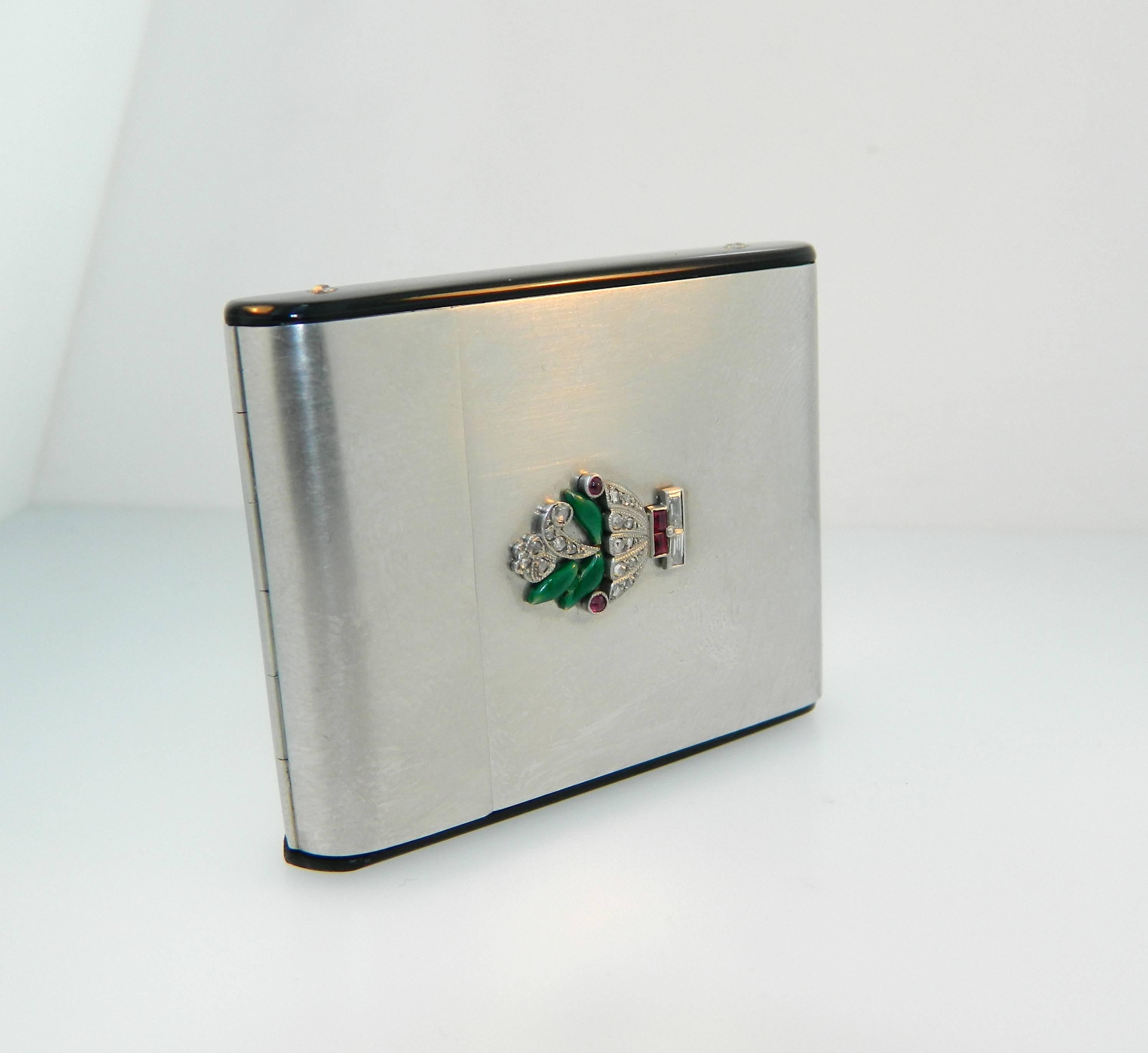 Art Deco Udall & Ballou Platinum Diamond Onyx Ruby Vanity Case/Compact For Sale 1