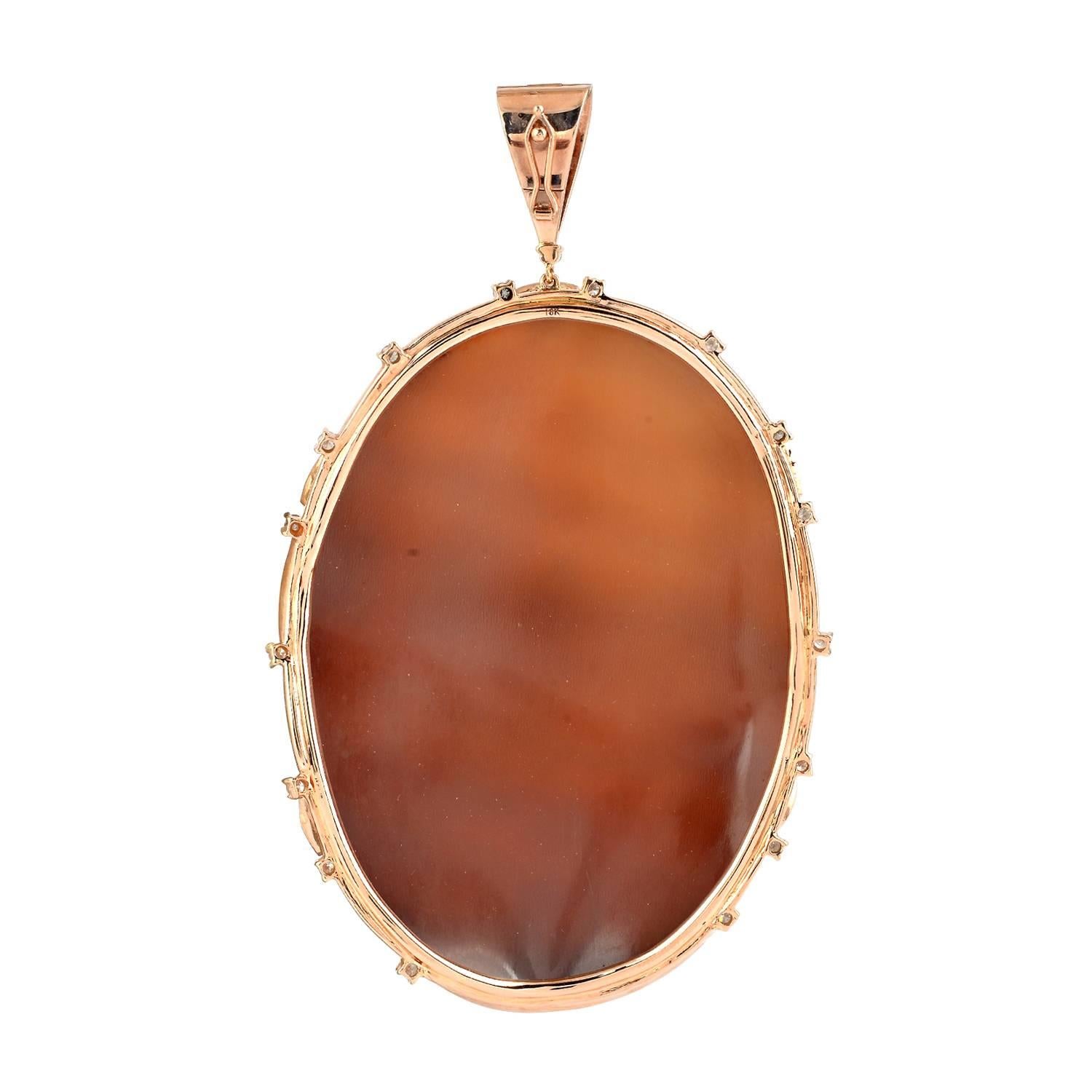 Hand Painted Shell Cameo Diamond Gold Pendant  In New Condition In New York, NY