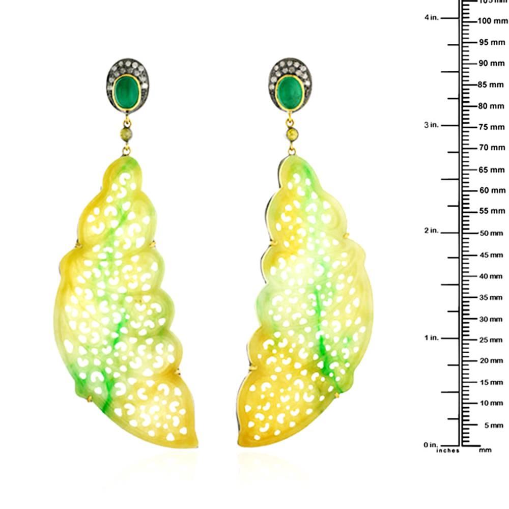Emerald Cut Jade Emerald Diamond Gold Feather Shape Earrings For Sale