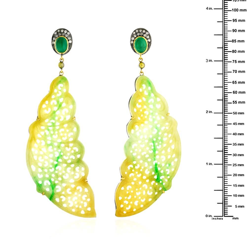 Artisan Jade Emerald Diamond Gold Feather Shape Earrings For Sale