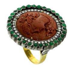 Emerald Diamond Silver Gold Cameo Ring