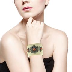 Bakelite Cuff With Emerald & Coral Accented By Diamonds In 18k Gold & Silver