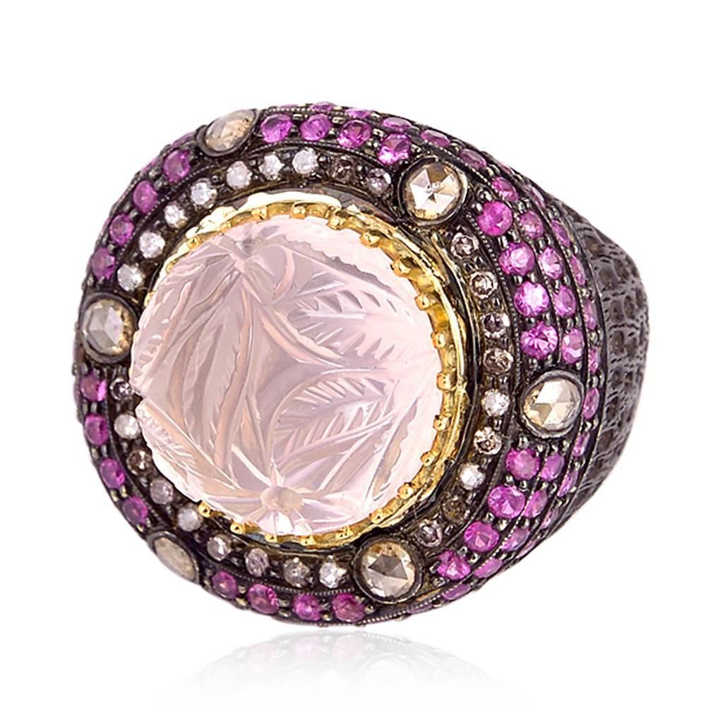 Modern Rose Quartz Ruby Diamond Silver Gold Ring 