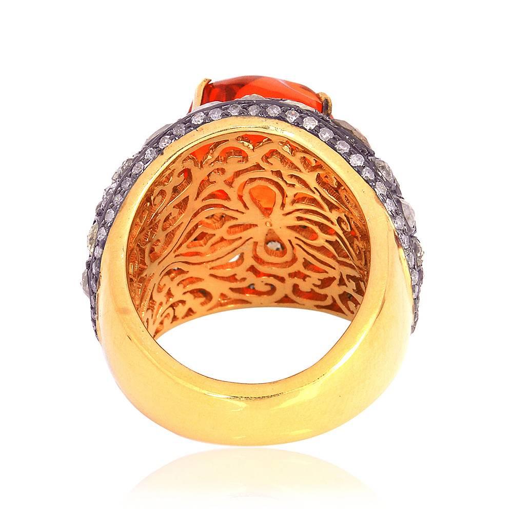 Breathtaking Fire Opal Cocktail Ring with Fancy Brown and Yellow Diamonds around. This ring is handmade and perfectly domed to sit well on your finger to be one of a kind Cocktail Ring. 

Ring Size: 7 (can be sized)

18K Gold: 3.68GMS
Diamond: