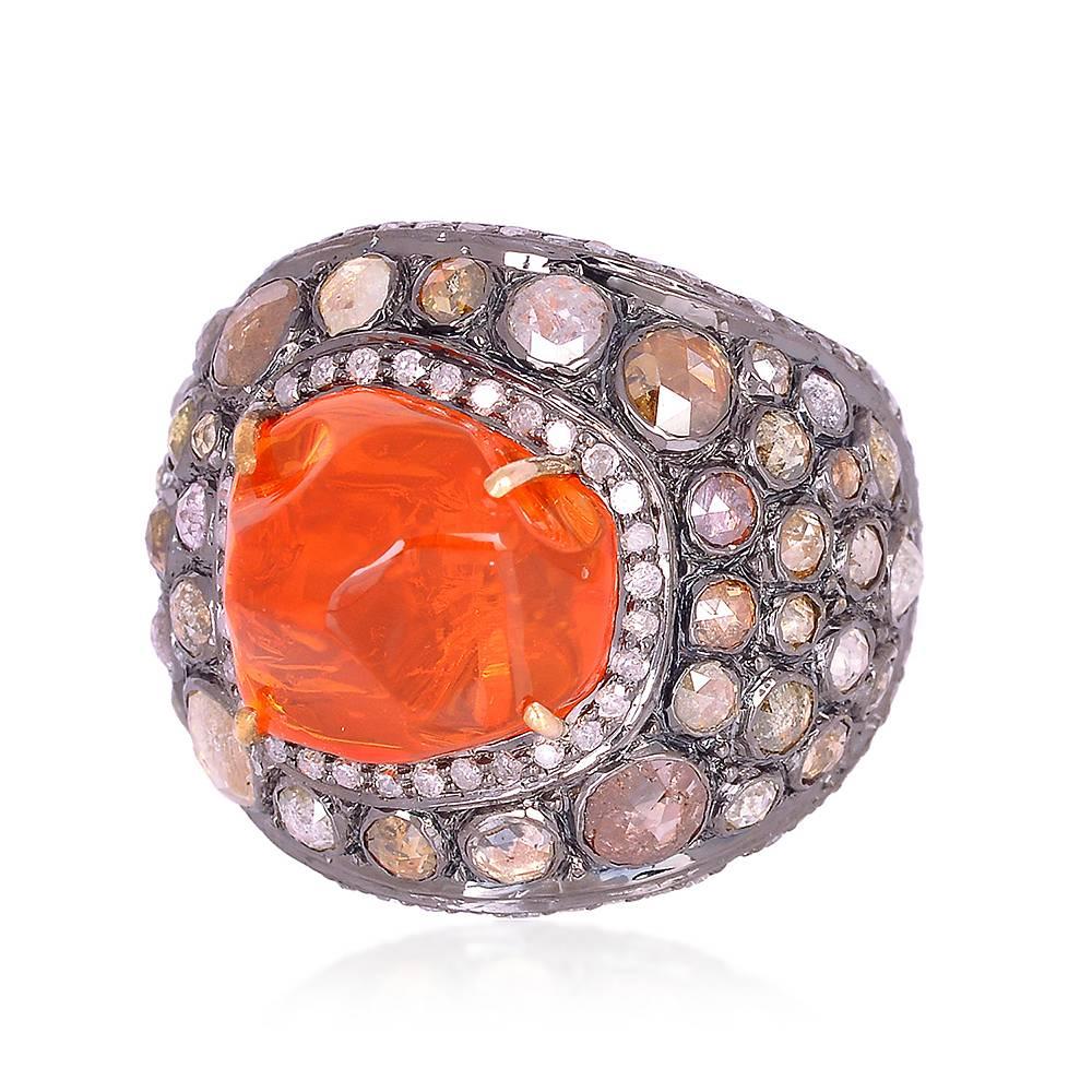 Art Nouveau Fire Opal Diamond Gold Ring 