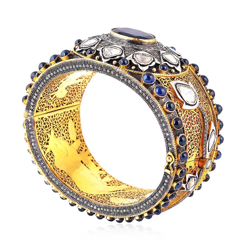 Women's Sapphire Diamond Gold Bangle Bracelet