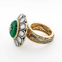 Antique Looking Carved Emerald Gold Ring With Rose Cut Diamonds