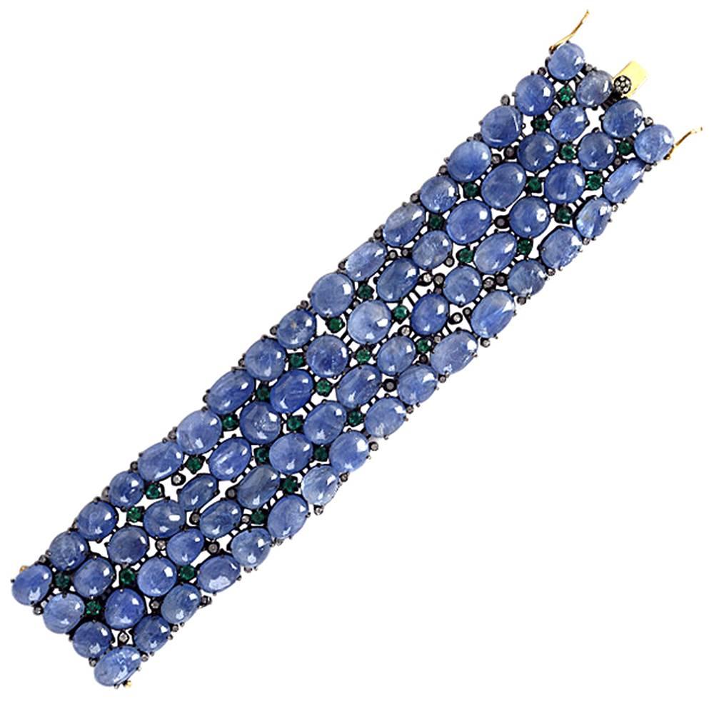 Modern Blue Sapphire Tsavorite Diamond Gold Bracelet