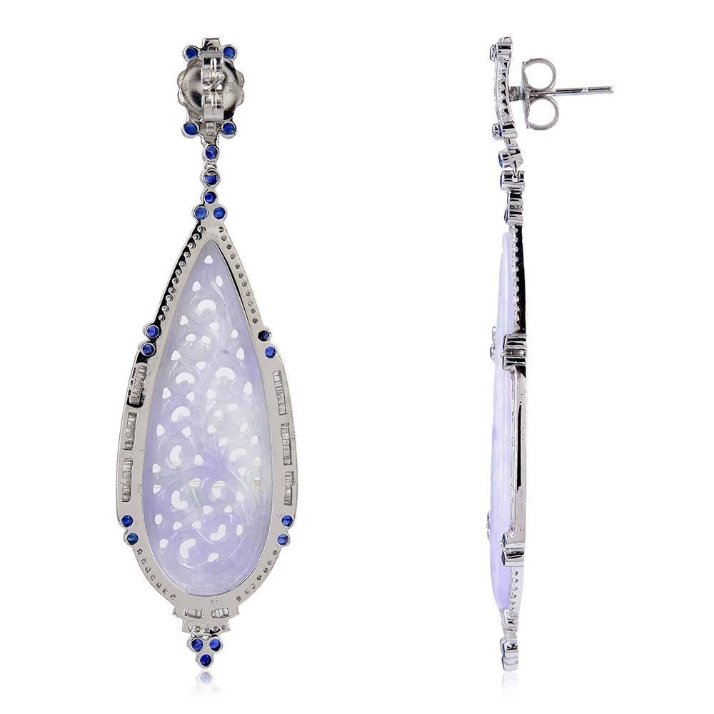 Gorgeous Lavender Jade Earring with Baguette and Round Diamonds and B.Sapphire. 

Closure: Push and Post 

18k:14.21gms
Diamond:1.79ct
B.Sapphire:1.36ct
Lavender Jade: 28.6ct