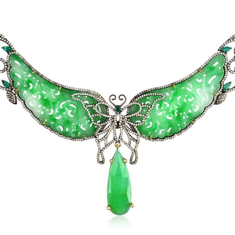 Jade Diamond Gold Butterfly Necklace at 1stDibs