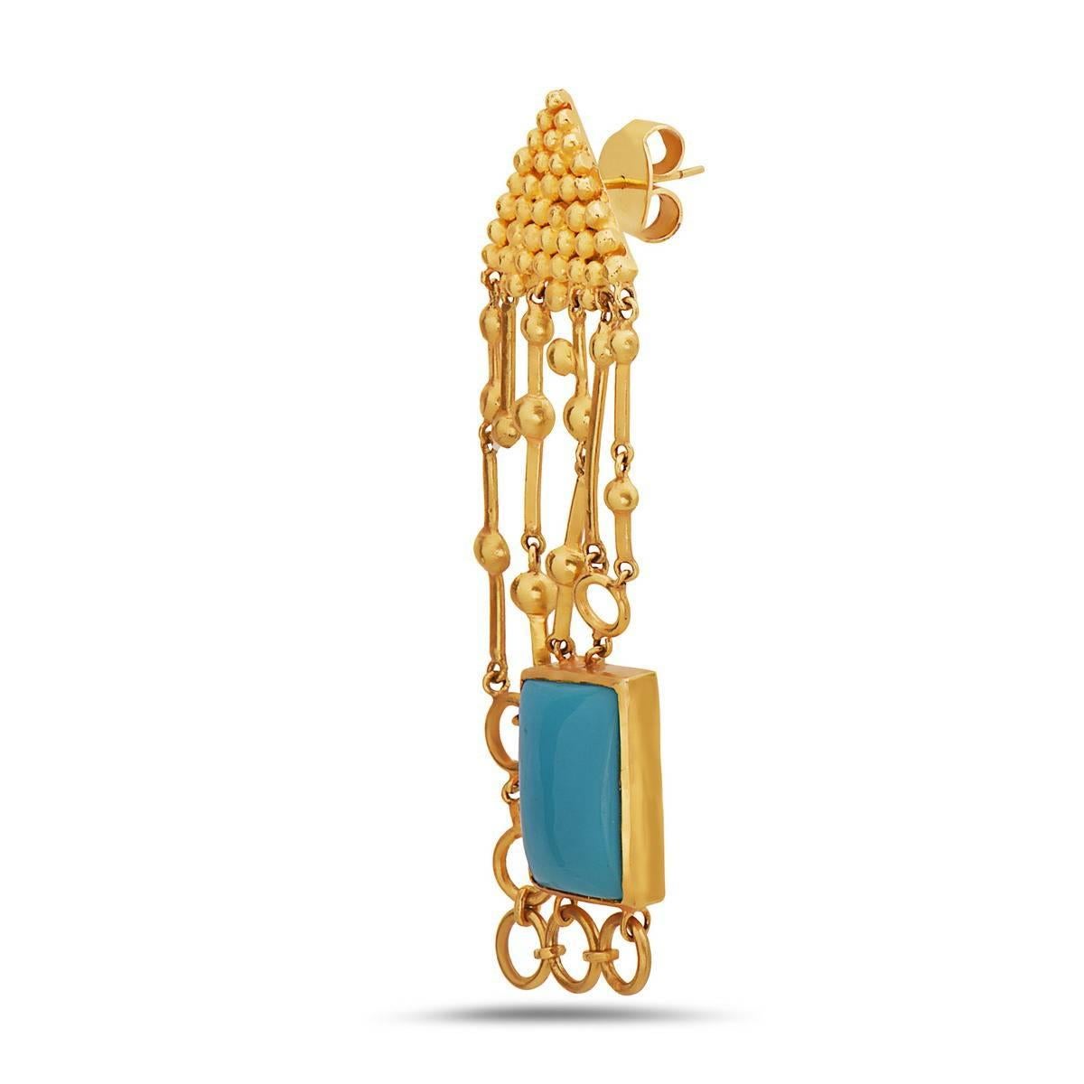 Temple jewelry looking Turquoise Earring made in 18K Gold.

Closure: Push Post

Turquoise: 14.50 cts
Gold: 18K 15.56gms

