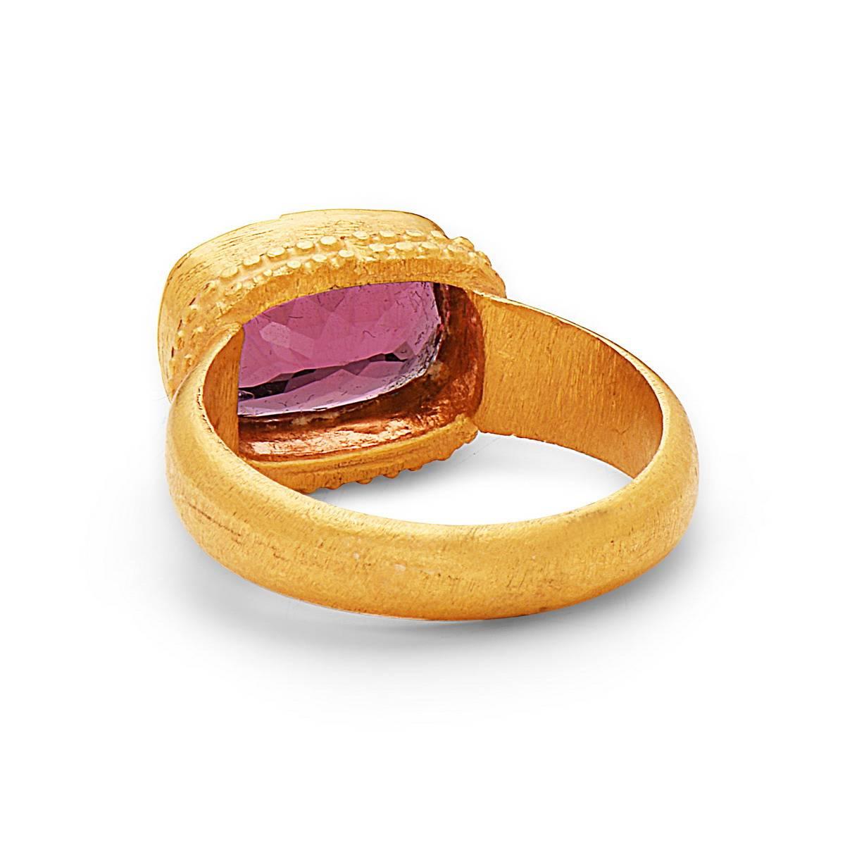 Simple yet charismatic Pink Tourmaline Ring in22K Yellow Gold. 

Ring size: 7 ( Can be sized )

22kt: 8.86gms
Pink Tourmaline: 5.35cts

