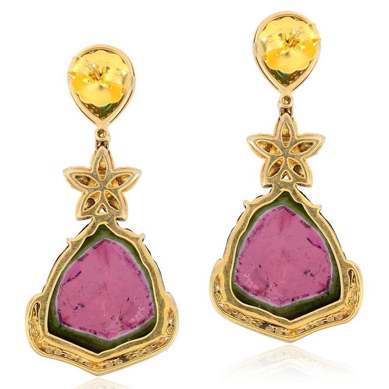 Watermelon Tourmaline Earring with Diamonds and Emerald at 1stDibs