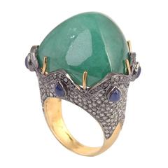Trillion shape Cabochon Emerald Ring with Diamonds