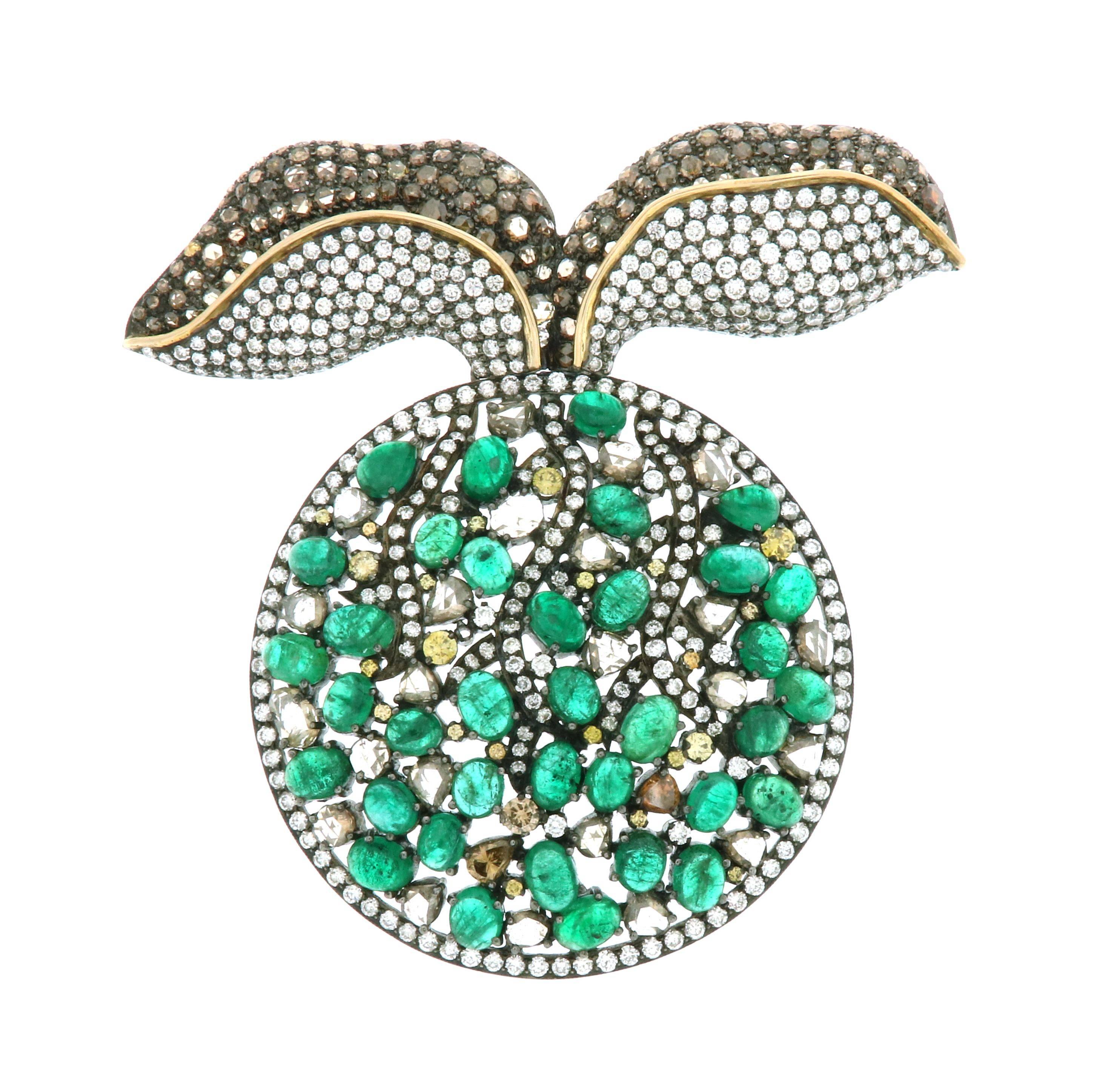 Modern Emerald and Diamond Brooch Pendant  For Sale