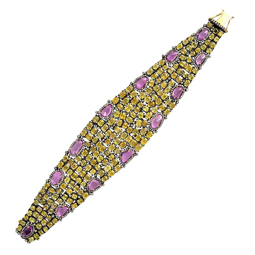Rare Yellow and Pink Sapphire Bracelet Made In 14k Gold For Sale