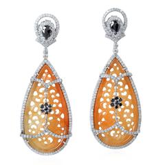 Brown Carved Jade Diamond Gold Earrings 2
