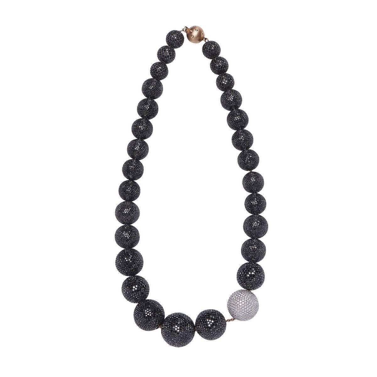 Black and White Diamond Ball Necklace in Gold
