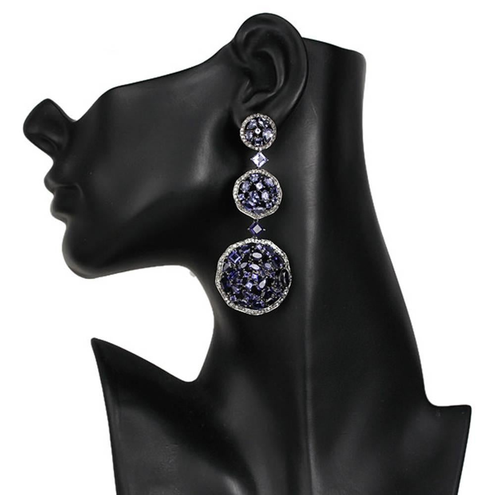 Artisan Iolite and Diamond Dangle Earring For Sale