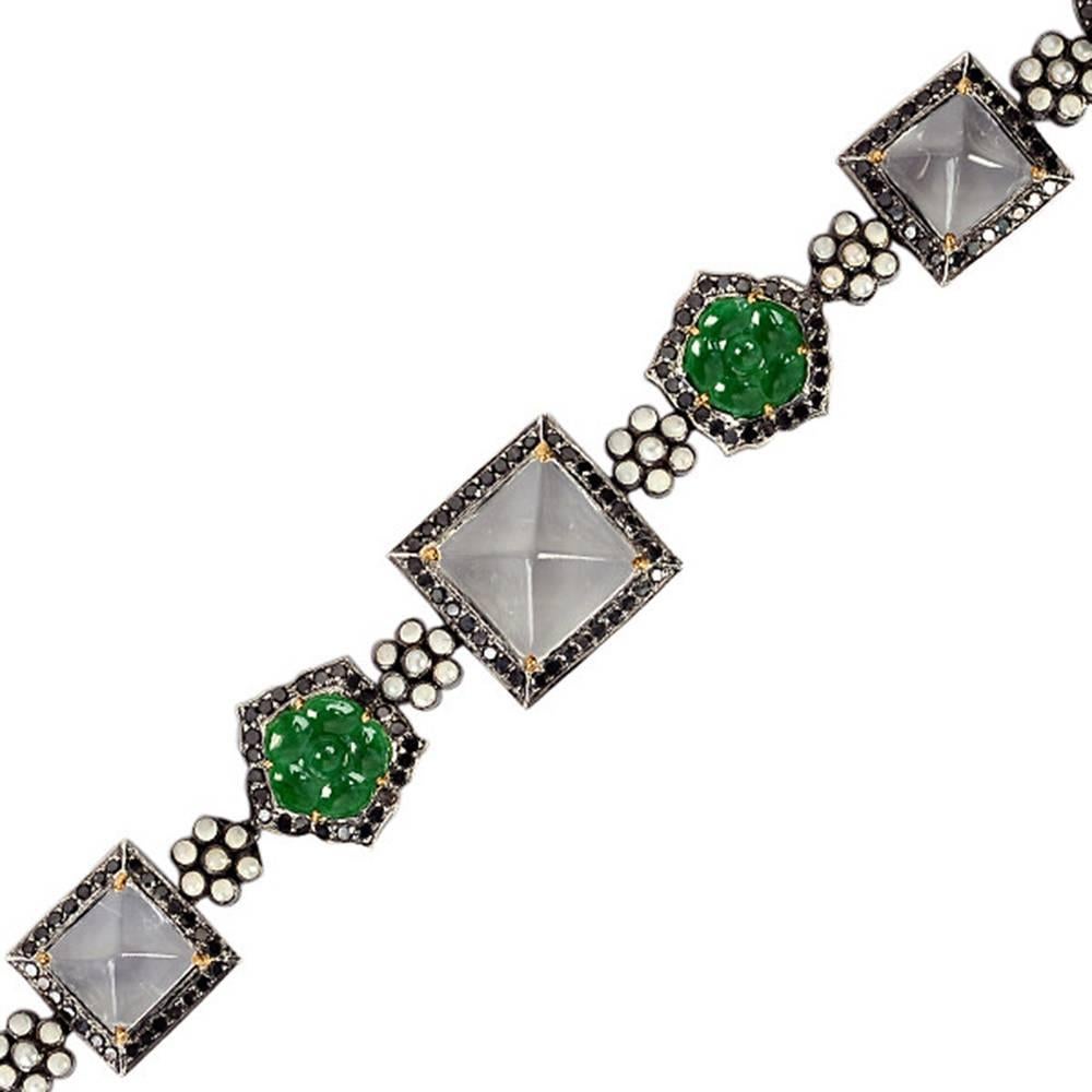Jade-Diamant-Kristall- und Perlenarmband (Gemischter Schliff) im Angebot