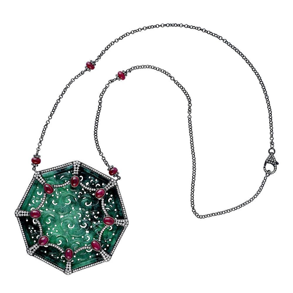 Carved Jade Necklace with Diamonds and Ruby In 18k Gold & Silver