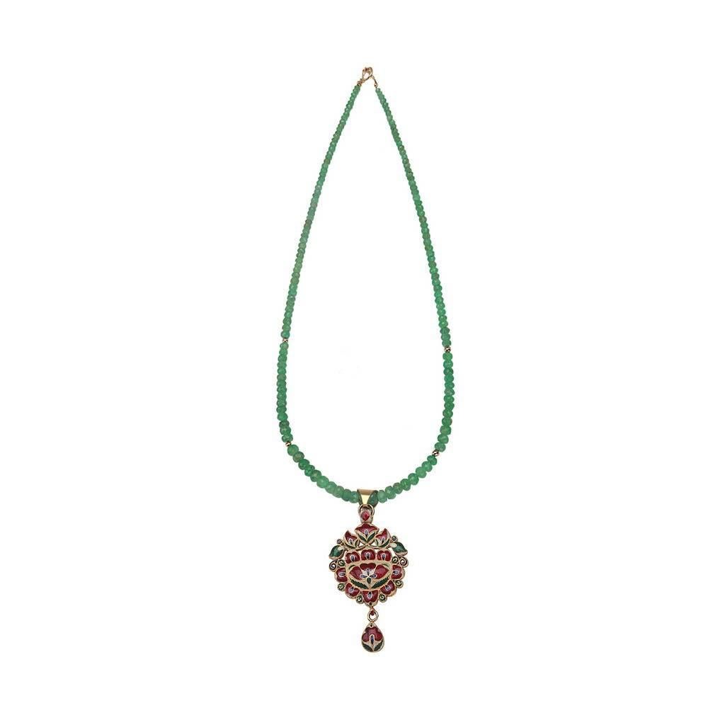Victorian Carved Emerald with Diamonds Necklace Made In 18k Gold For Sale