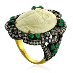 Owl Cameo Ring with Diamonds and Emeralds