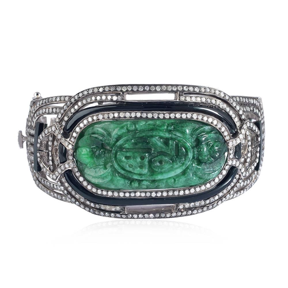 Mixed Cut Jade and Diamond Bangle For Sale