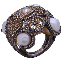 Diamond Pearl Silver Gold Dome Ring 5
