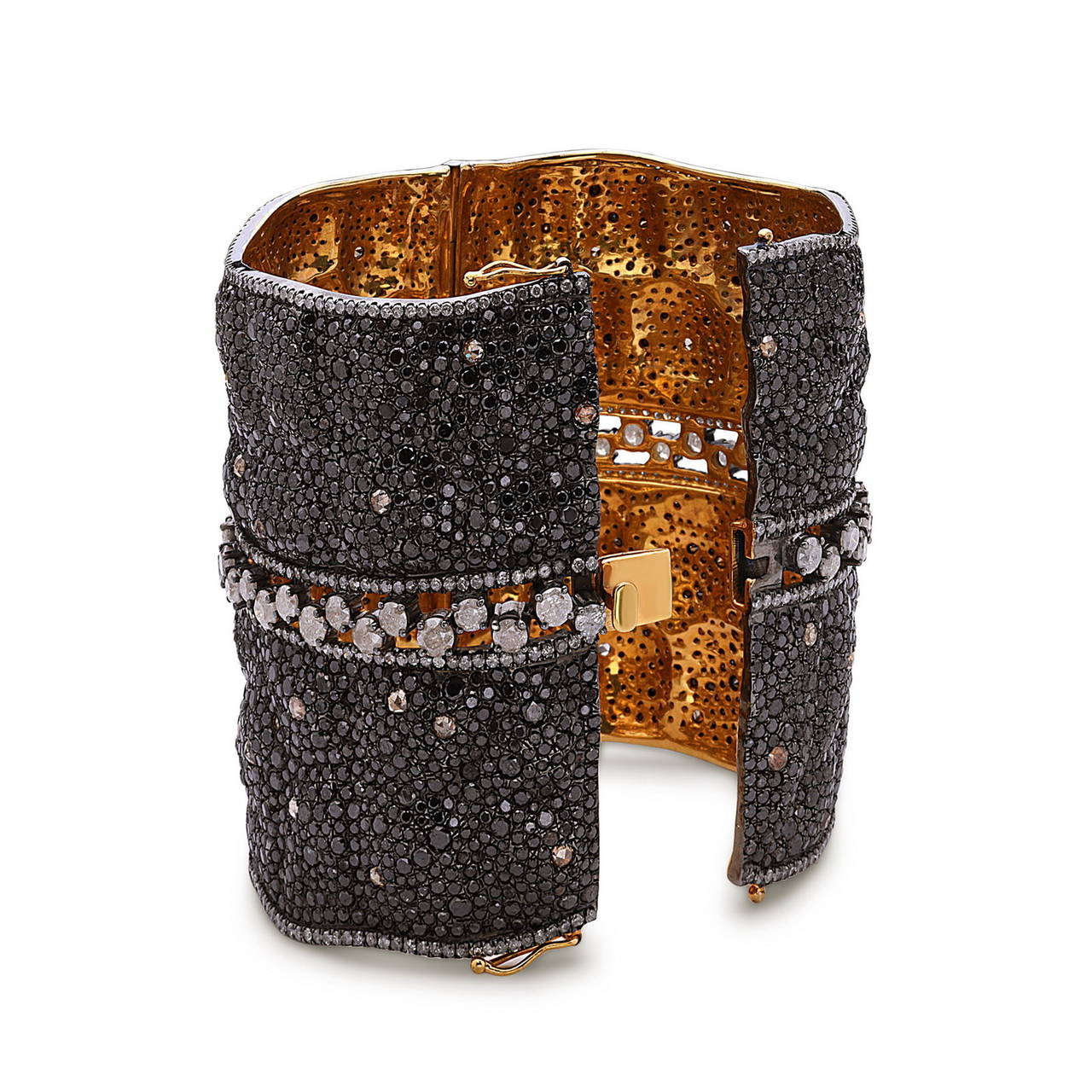 Magnificent Black and White Diamond Silver Gold Bangle Bracelet In New Condition In New York, NY