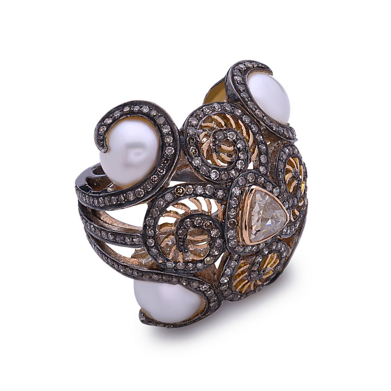 Victorian style High Set Cocktail Ring set in 14K Yellow Gold and Silver with black rhodium with Rose Cut Diamond in center.This will fit well to 7.75 ring size and can be sized if wanted. This ring has 32cts of Fresh water Pearl & 3.65cts of