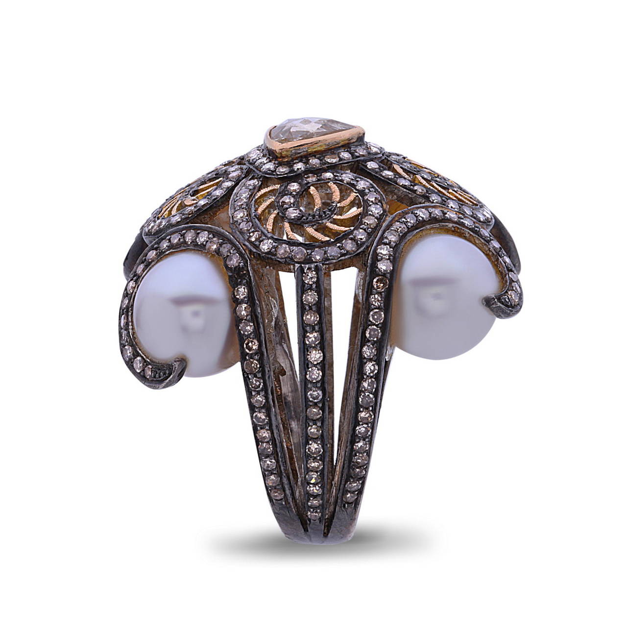 Rose Cut Diamond Pearl Silver Gold Dome Ring For Sale