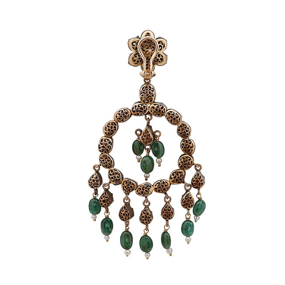 Contemporary Emerald Rose Cut Diamond Silver Gold Chandelier Earrings