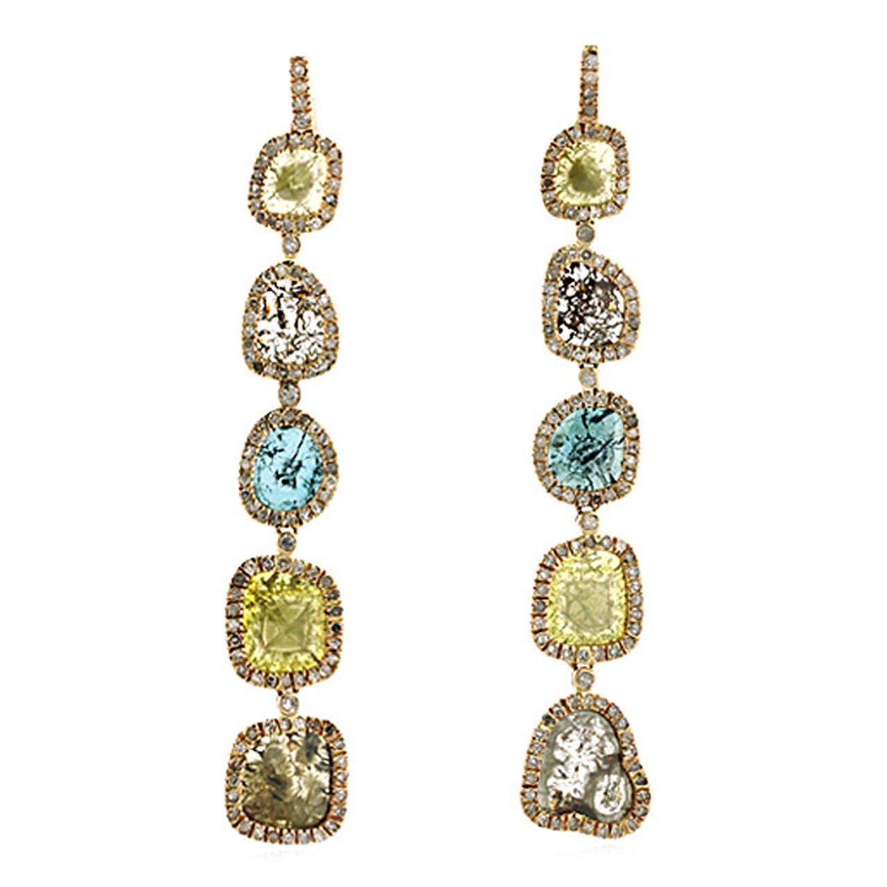 Majestic Looking Multicolor Sliced Diamond Gold Dangle Earrings at 1stdibs