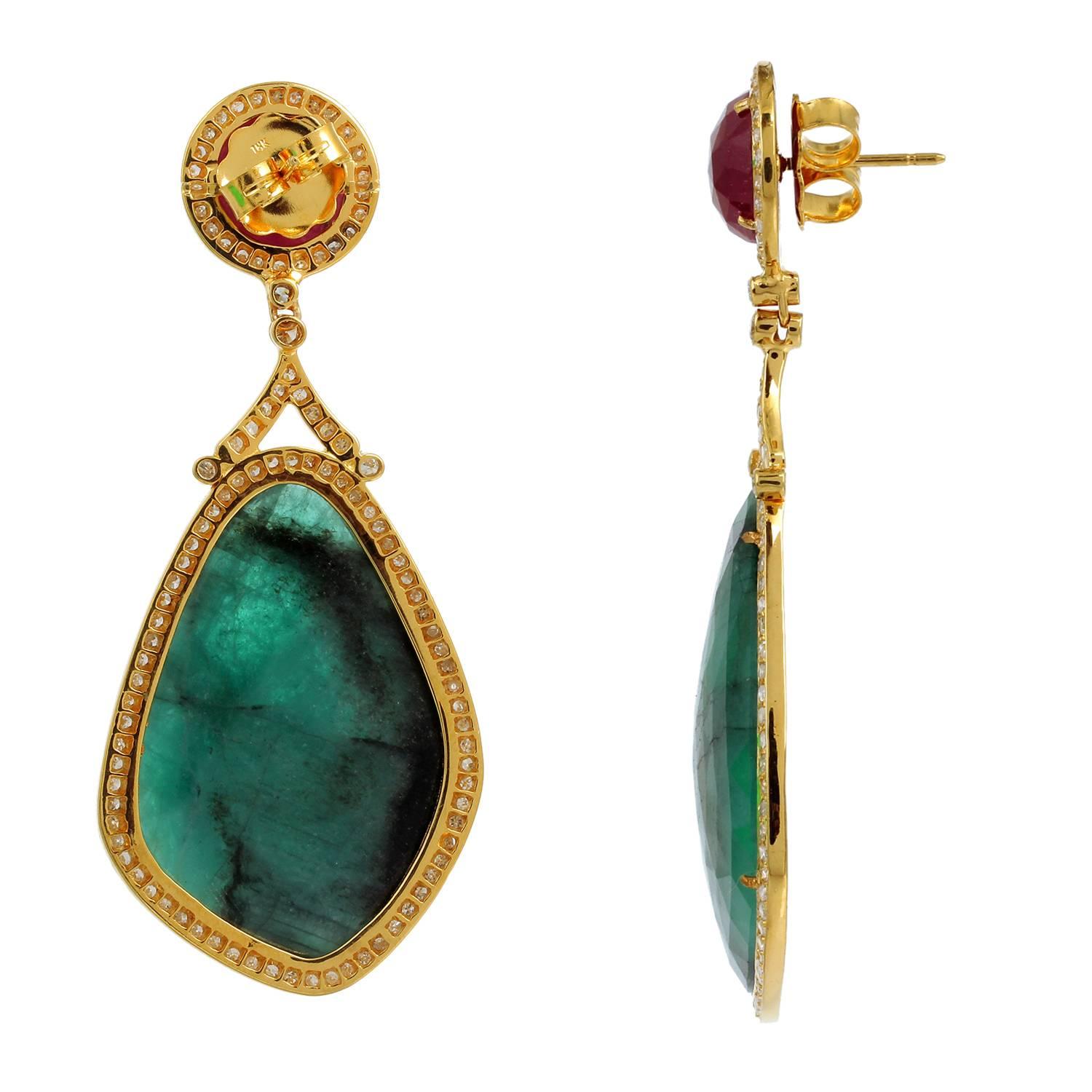 Contemporary Elegant Ruby Emerald Quartz Diamond Gold Dangle Earrings