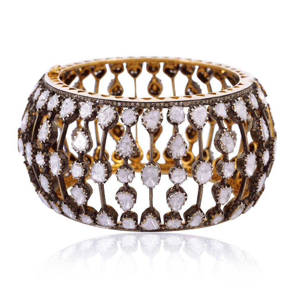 Contemporary Stunning Rose Cut Diamond Cuff Made In 18k Yellow Gold & Silver For Sale