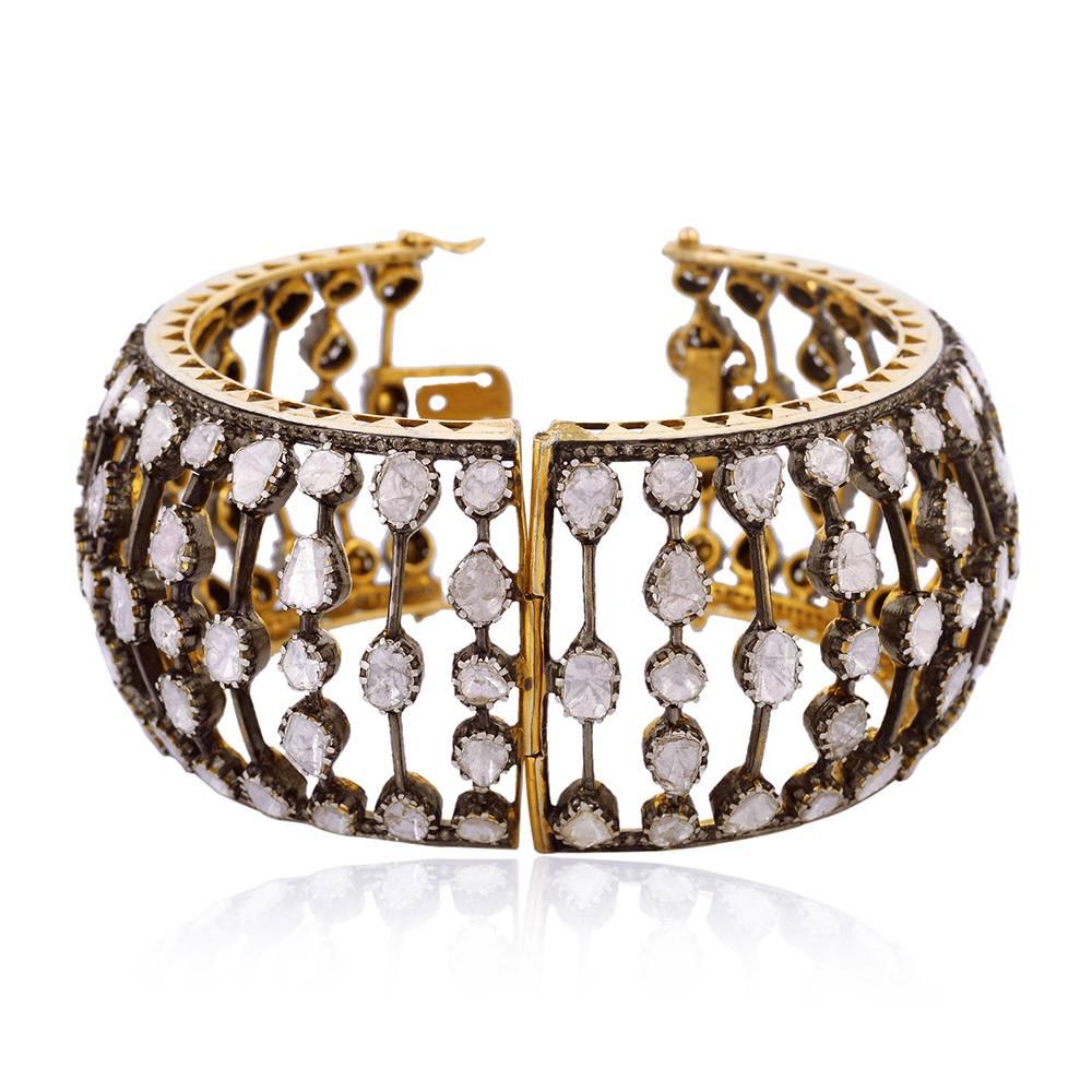 Stunning Rose Cut Diamond Cuff Made In 18k Yellow Gold & Silver In New Condition For Sale In New York, NY