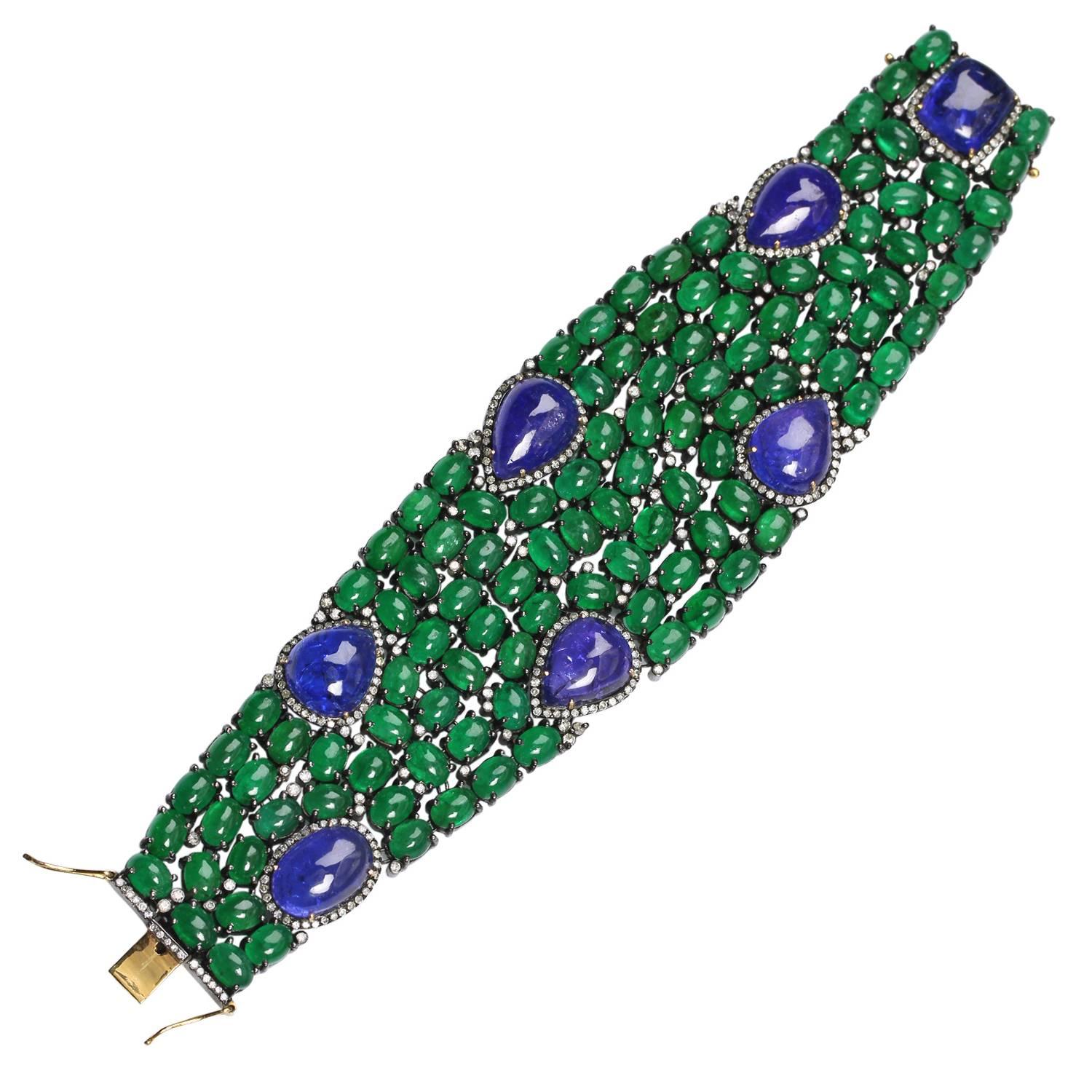 Tanzanite Emerald Diamond Silver Gold Bracelet In New Condition In New York, NY