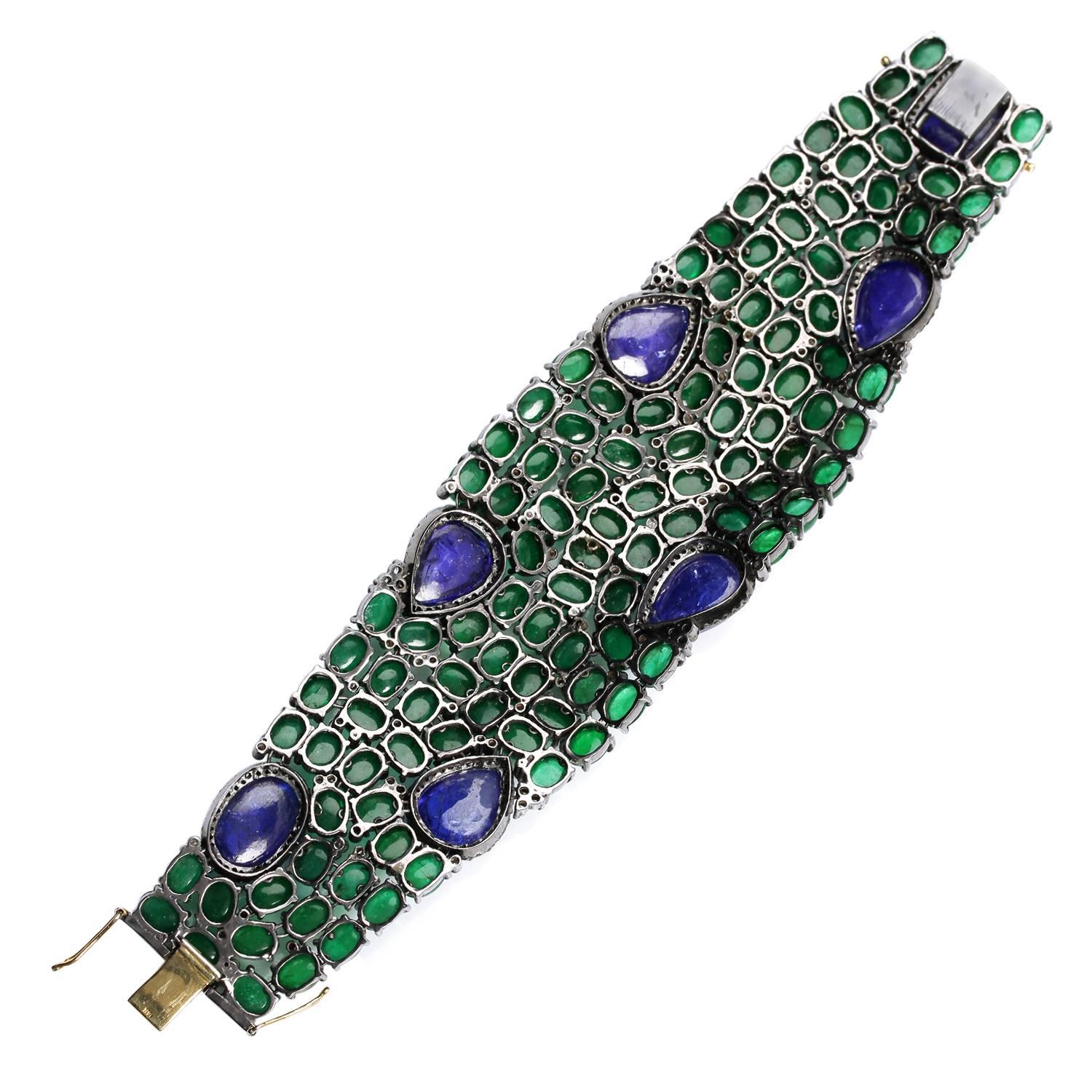 Women's Tanzanite Emerald Diamond Silver Gold Bracelet